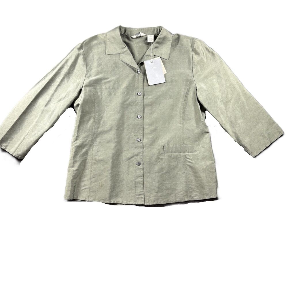 J Jill Women Button Front Shirt New 100% Silk Olive Green 8P 8 Petite M294